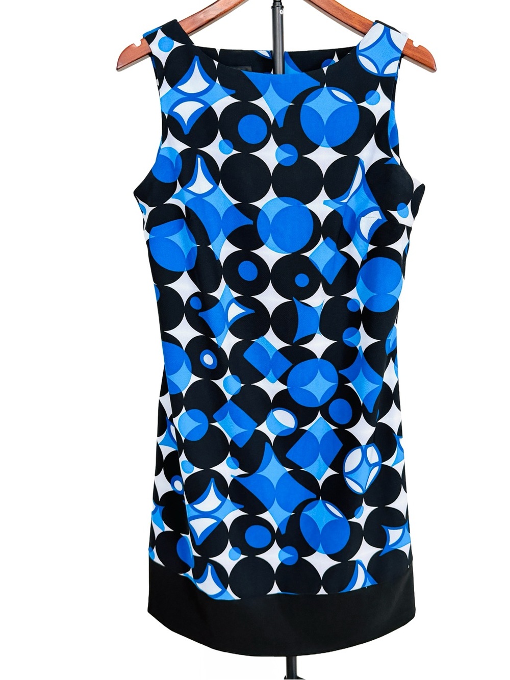 Retro Mod Geometric Dress Sleeveless Sheath knee length Blue Black sz 10 medium